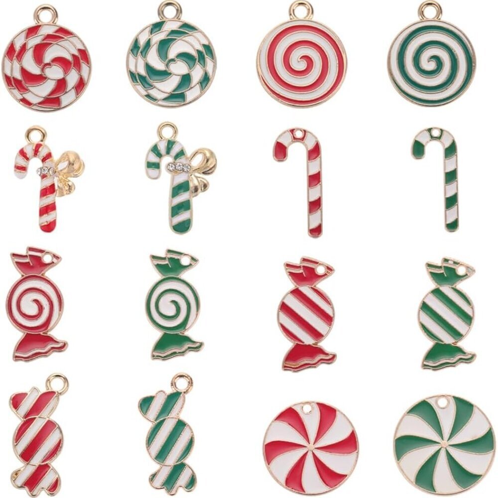 1 Box 32Pcs 16 Styles Candy Charms Bulk Candy Cane Charm Christmas Candies Alloy